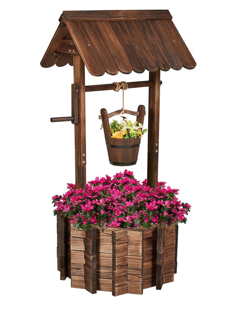 Generic FFD Wooden Flower Pot Well Shape Flower Planter Unique Rustic Style Flower Pot Garden Decoration Item Flower Container Wooden Flower Vase For Garden For Home Garden  - Image 1