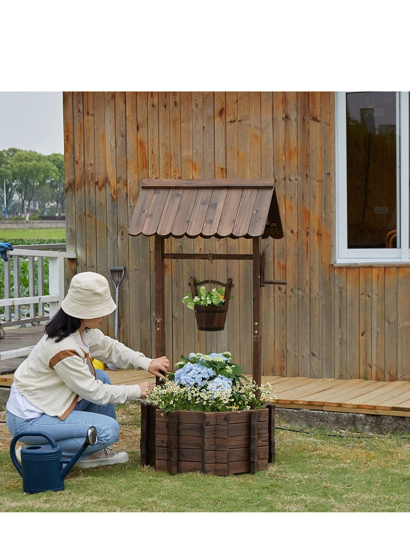 Generic FFD Wooden Flower Pot Well Shape Flower Planter Unique Rustic Style Flower Pot Garden Decoration Item Flower Container Wooden Flower Vase For Garden For Home Garden  - Image 5