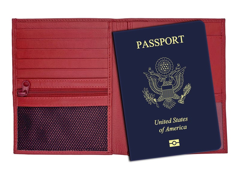 123 Cheap Checks Red RFID Genuine Leather Passport Wallet - Image 1