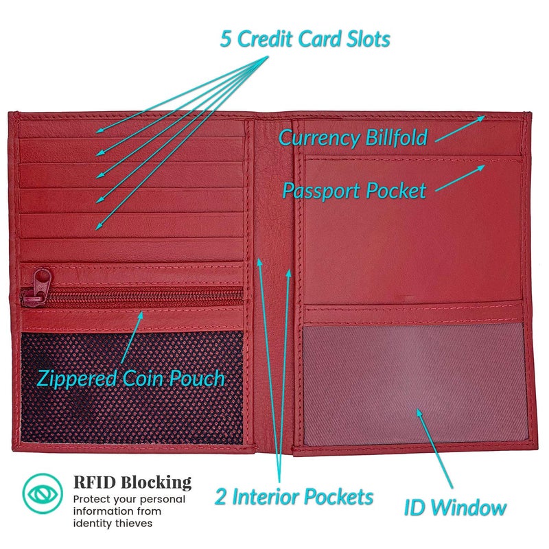 123 Cheap Checks Red RFID Genuine Leather Passport Wallet - Image 2