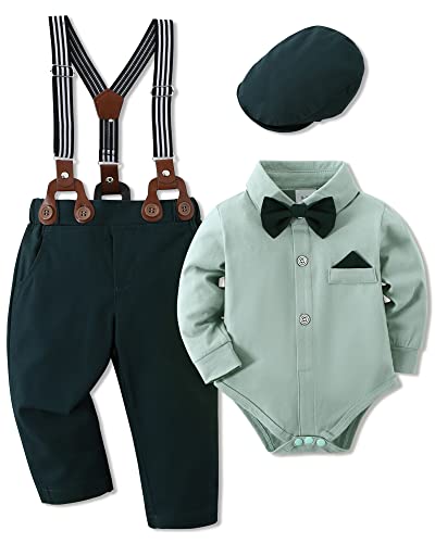 WESIDOM Baby Boy Clothes 0-24M Newborn Infant Gentleman Outfit, Shirt+Bowtie+Beret+Suspender Pant Baby boy Suit Clothing Set - Image 1