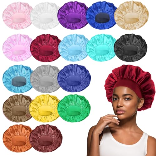 WLLHYF 18 Pcs Satin Bonnets for Sleeping Large Silk Bonnet Wide Band Hair Bonnet Soft Elastic Hair Wrap Cap Silky Shower Cap for Black Women Men Curly Hair - Image 1