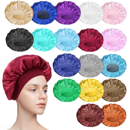 WLLHYF 18 Pcs Satin Bonnets for Sleeping Large Silk Bonnet Wide Band Hair Bonnet Soft Elastic Hair Wrap Cap Silky Shower Cap for Black Women Men Curly Hair - Image 3