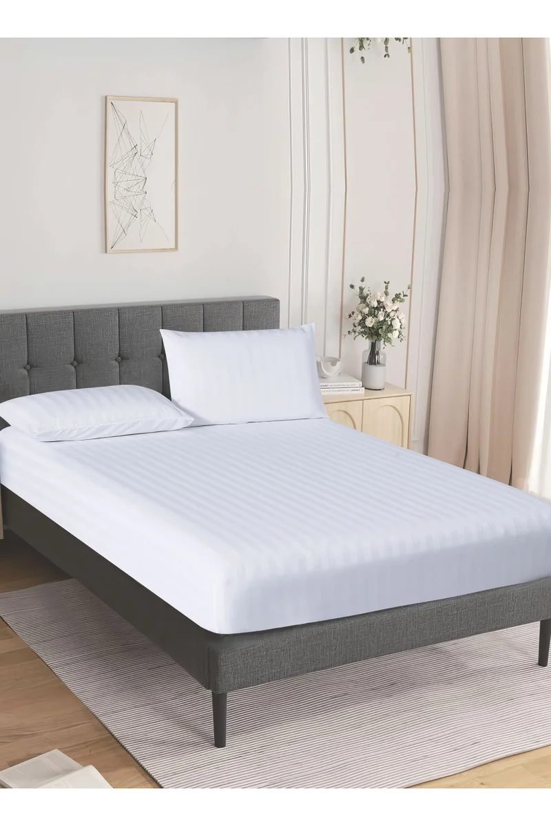 Donetella 3-Piece Striped Bedding Set – Queen Fitted Sheet 150x200+30 cm with All-Around Elastic &amp; 2 Matching Pillowcases