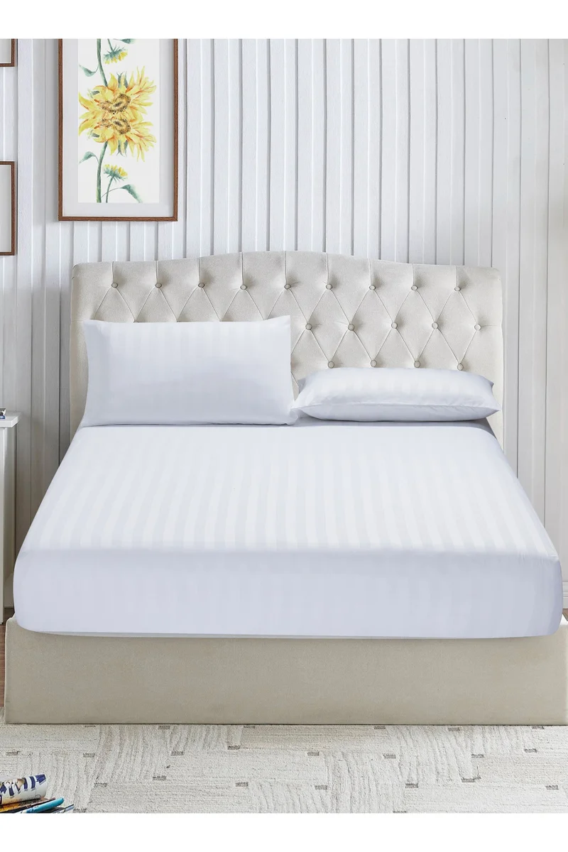 Donetella 3-Piece Striped Bedding Set – Queen Fitted Sheet 150x200+30 cm with All-Around Elastic &amp; 2 Matching Pillowcases