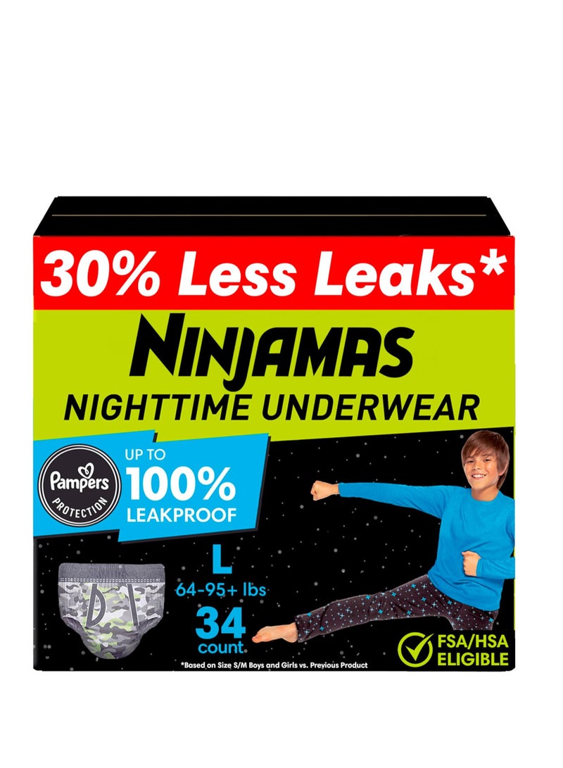 Pampers سراويل نينجاماس الليلية للأطفال، مقاس L (64-95+ رطل)، 34 قطعة، حماية ليلية، فائقة الامتصاص، مضادة للحساسية - Image 1