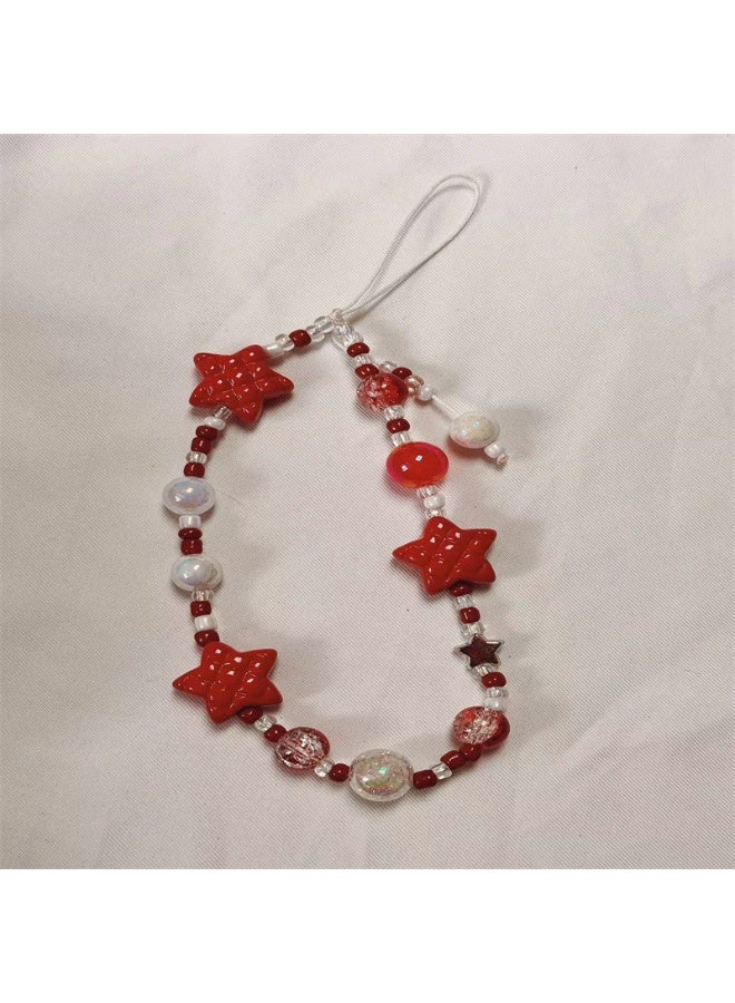 NIBEMINENT Beaded Phone Lanyard, Anti Lost Removable Wrist Strap,Red Five-Point Star Bracelet Pendant, Phone Keychain Lanyard