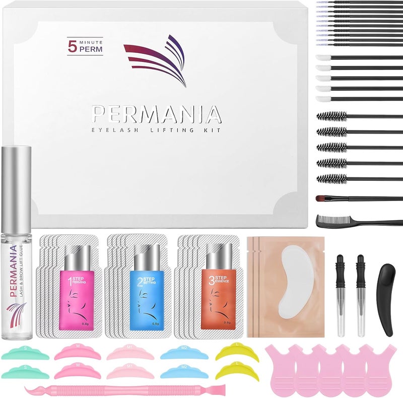 طقم رفع الرموش PERMANIA للاستخدام المنزلي - طقم فردي سهل للمبتدئين - مجموعة كاملة لتجعيد الرموش للاستخدام في الصالون والمنزل