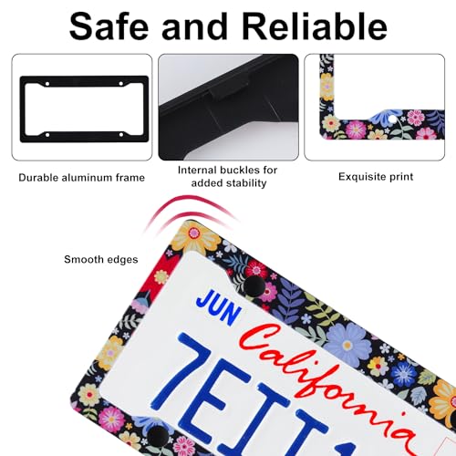 Alpmosn 2PCS Colorful Floral License Plate Frames, 4 Holes Flowers Car License Plate Cover with Screw Washers and Cap, Car Exterior Accessories, License Plate Holders for U.S. Vehicles - Image 3