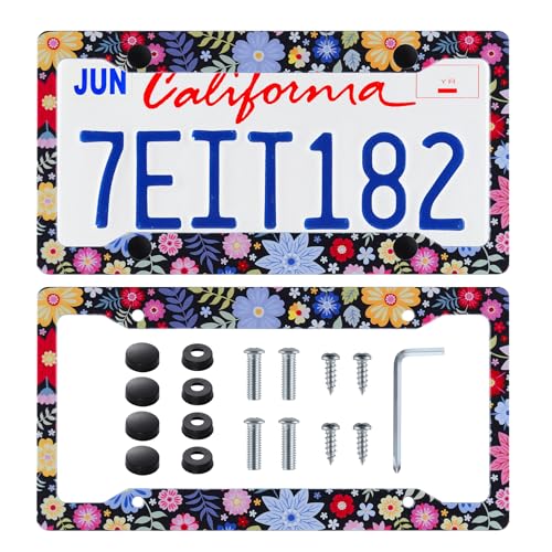 Alpmosn 2PCS Colorful Floral License Plate Frames, 4 Holes Flowers Car License Plate Cover with Screw Washers and Cap, Car Exterior Accessories, License Plate Holders for U.S. Vehicles - Image 1