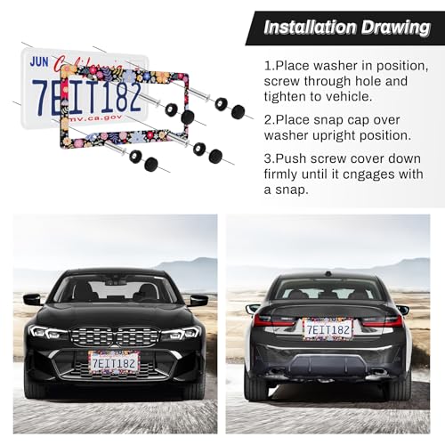 Alpmosn 2PCS Colorful Floral License Plate Frames, 4 Holes Flowers Car License Plate Cover with Screw Washers and Cap, Car Exterior Accessories, License Plate Holders for U.S. Vehicles - Image 4
