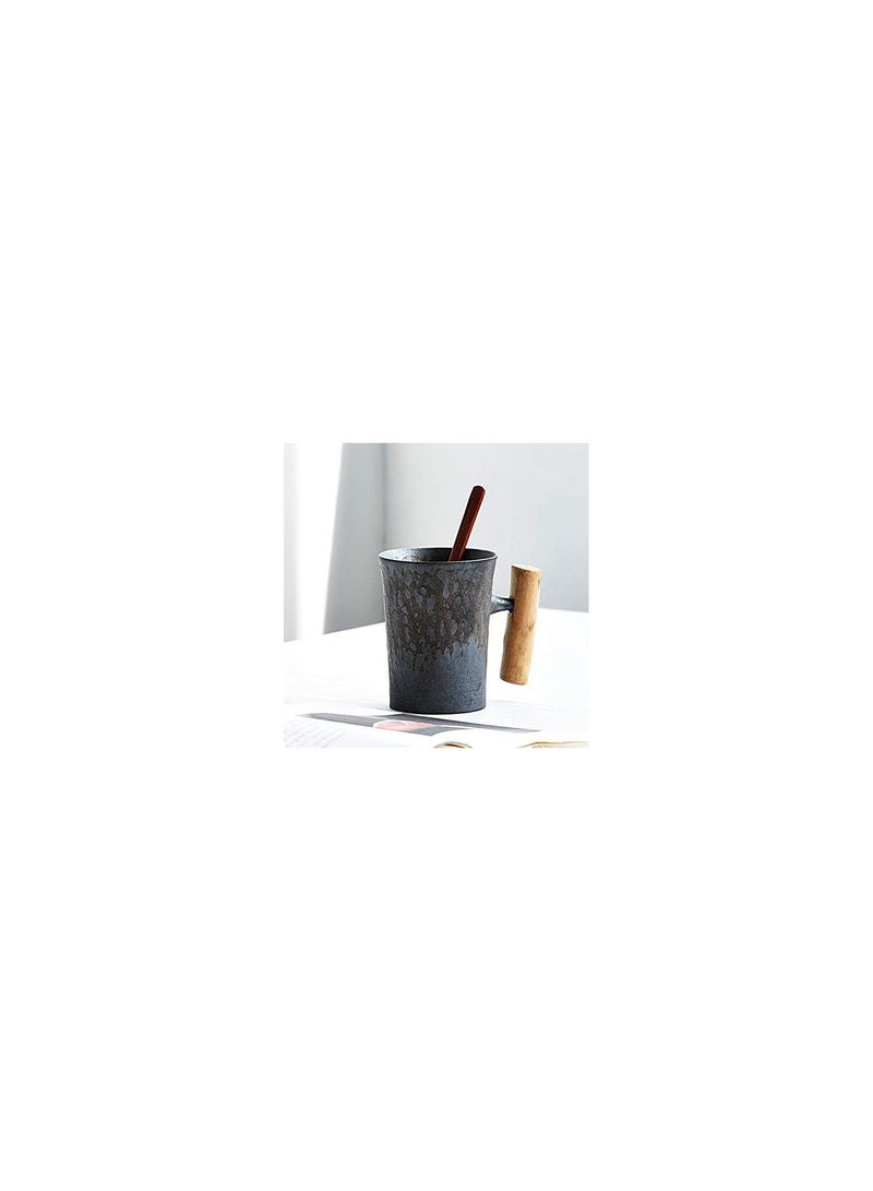 GGOOT 300Ml Handmade Ceramic Coffee Mug with Spoon Rust Glaze with Wooden Handle Water Cup for Home/Office - Image 5