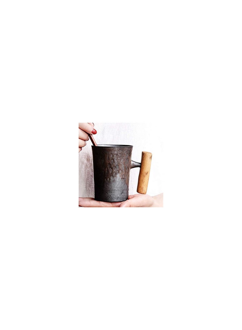 GGOOT 300Ml Handmade Ceramic Coffee Mug with Spoon Rust Glaze with Wooden Handle Water Cup for Home/Office - Image 2