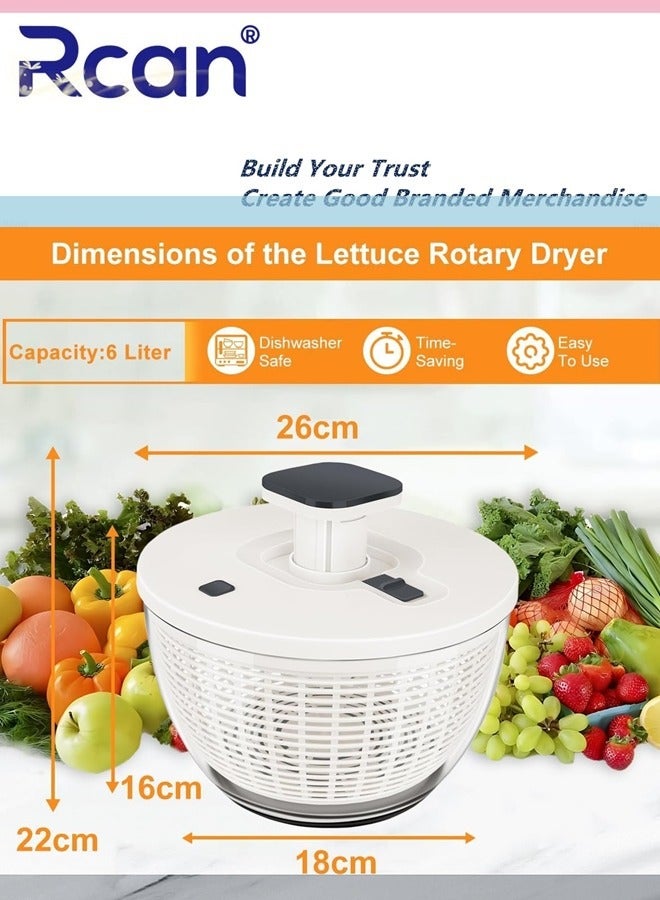 ركان مجفف سلطة سعة 6 لتر، مجفف سلطة يدوي متعدد الوظائف، مجفف خس وغسالة خضروات، خالٍ من مادة BPA، خلاط سلطة مع دافع قابل للسحب وزر فرامل للخضروات الخضراء والخس والفواكه والخضروات - Image 4
