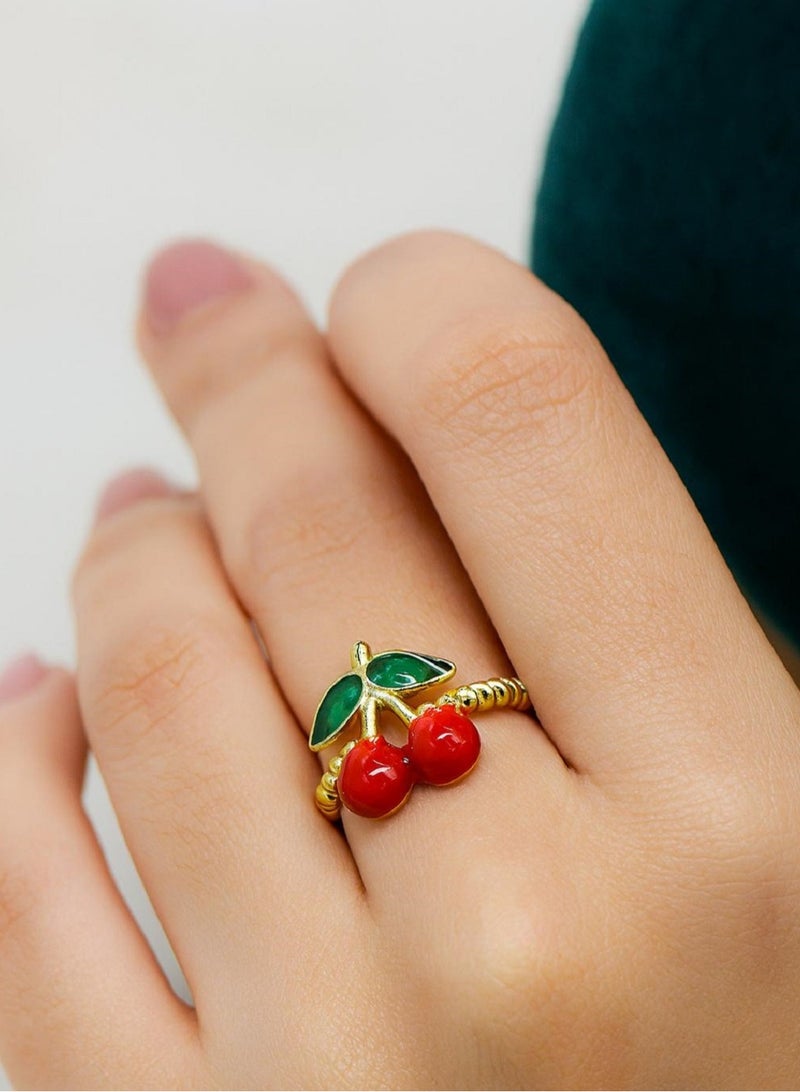 MANIKAN Delicate Cherry Ring, Gold-Plated Band with Red Enamel Cherries and Green Leaves - Image 1