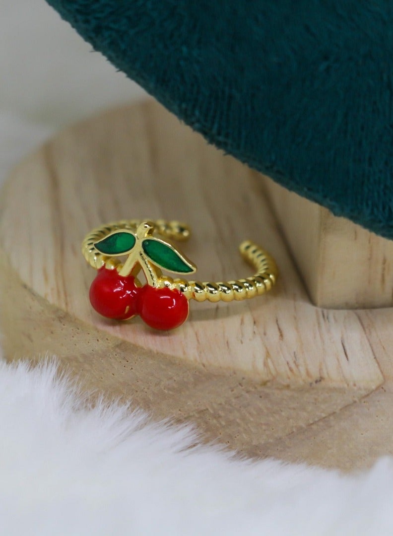 MANIKAN Delicate Cherry Ring, Gold-Plated Band with Red Enamel Cherries and Green Leaves - Image 2