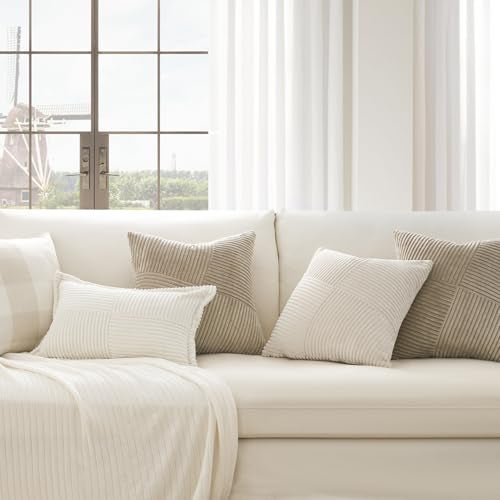 Topfinel Pack of 2 Decorative Throw Pillow Covers 18x18 Inch Soft Corduroy Boho Textured Striped Patchwork Pillow Covers Farmhouse Rustic Home Decor for Spring Sofa Living Room Couch Bed Lightbrown - Image 4