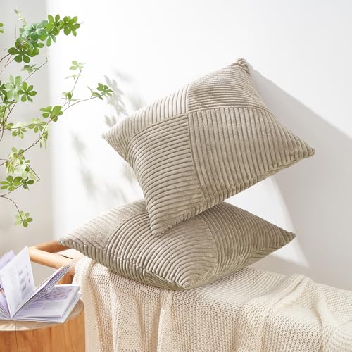 Topfinel Pack of 2 Decorative Throw Pillow Covers 18x18 Inch Soft Corduroy Boho Textured Striped Patchwork Pillow Covers Farmhouse Rustic Home Decor for Spring Sofa Living Room Couch Bed Lightbrown - Image 3