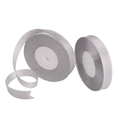 Feyarl Glitter Metallic Silver Ribbon 5/8-inch Wide Premium Sparkly Ribbon Gift Crafters Sewing Ribbon Wedding Party Brithday Wrap Card Making Hair Bows Floral Projects Ribbon (Silver) - Image 2