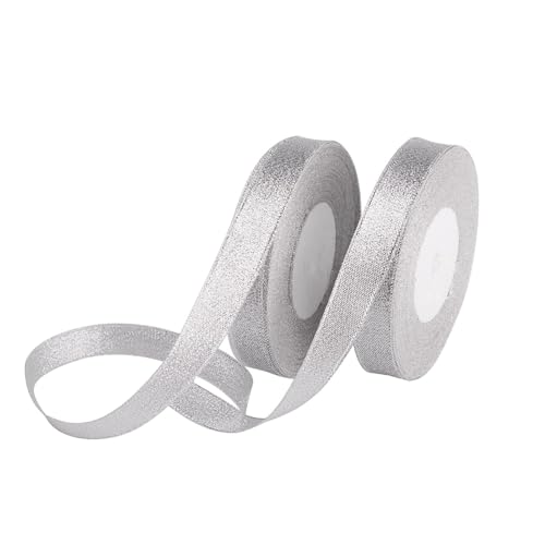 Feyarl Glitter Metallic Silver Ribbon 5/8-inch Wide Premium Sparkly Ribbon Gift Crafters Sewing Ribbon Wedding Party Brithday Wrap Card Making Hair Bows Floral Projects Ribbon (Silver) - Image 1
