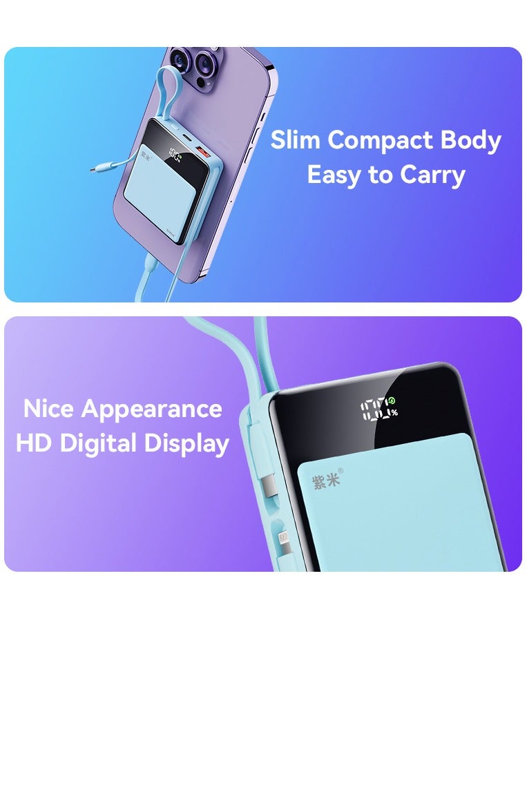 zime زين E51 بنك طاقة، شاحن محمول سريع الشحن بقوة 22.5 واط مع موصل مدمج وكابل USB-C، 1USB-C، 1USB-L، بطارية بسعة 10,000 مللي أمبير لهواتف آيفون 16/15/14/13، سامسونج، هواوي - Image 3