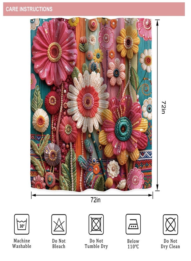 Riyidecor Colorful Floral Flower Shower Curtain for Bathroom Decor 72Wx72H Boho Vintage Retro Bohemian Wooden Pink Farmhouse Creative Art Printed Fabric Polyester Waterproof 12 Pack Plastic Hooks - Image 5