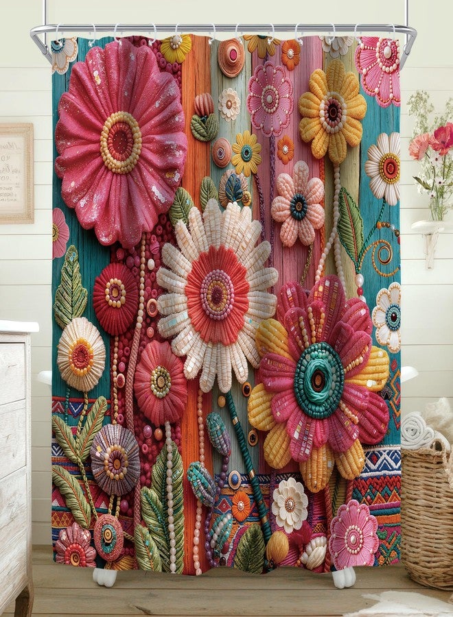 Riyidecor Colorful Floral Flower Shower Curtain for Bathroom Decor 72Wx72H Boho Vintage Retro Bohemian Wooden Pink Farmhouse Creative Art Printed Fabric Polyester Waterproof 12 Pack Plastic Hooks - Image 1