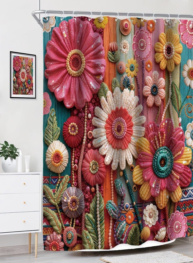 Riyidecor Colorful Floral Flower Shower Curtain for Bathroom Decor 72Wx72H Boho Vintage Retro Bohemian Wooden Pink Farmhouse Creative Art Printed Fabric Polyester Waterproof 12 Pack Plastic Hooks - Image 3