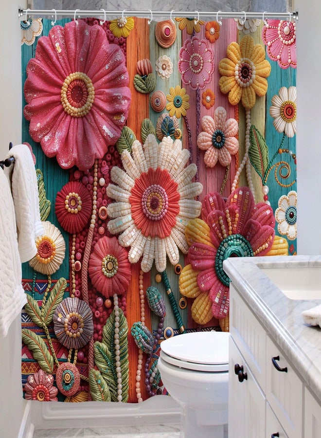 Riyidecor Colorful Floral Flower Shower Curtain for Bathroom Decor 72Wx72H Boho Vintage Retro Bohemian Wooden Pink Farmhouse Creative Art Printed Fabric Polyester Waterproof 12 Pack Plastic Hooks - Image 4