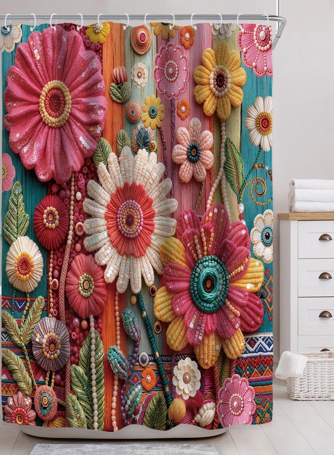 Riyidecor Colorful Floral Flower Shower Curtain for Bathroom Decor 72Wx72H Boho Vintage Retro Bohemian Wooden Pink Farmhouse Creative Art Printed Fabric Polyester Waterproof 12 Pack Plastic Hooks - Image 2