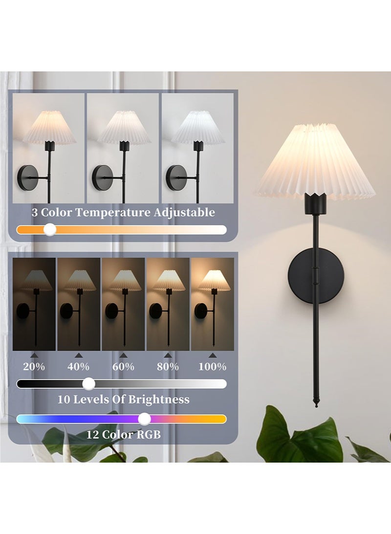 WALALLA Battery Operated Wall Sconces Set of 2, Black Rechargeable Wall Lights with Pleated Shades, Dimmable Wall Lamp with Remote, Easy to Install, 15 Colors Wireless Lighting for Living Room Bedroom - Image 3