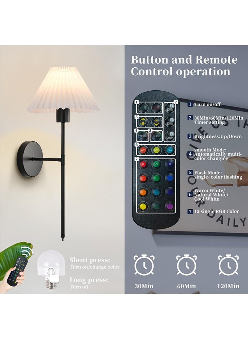 WALALLA Battery Operated Wall Sconces Set of 2, Black Rechargeable Wall Lights with Pleated Shades, Dimmable Wall Lamp with Remote, Easy to Install, 15 Colors Wireless Lighting for Living Room Bedroom - Image 4