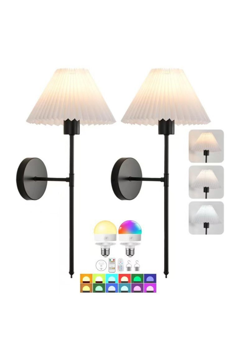 WALALLA Battery Operated Wall Sconces Set of 2, Black Rechargeable Wall Lights with Pleated Shades, Dimmable Wall Lamp with Remote, Easy to Install, 15 Colors Wireless Lighting for Living Room Bedroom - Image 1