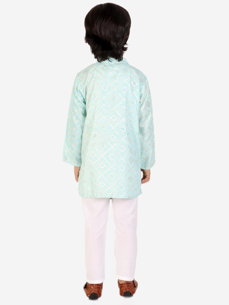 superminis Boys Silver Foil Printed Cotton Kurta Set, Round Collar, Full Sleeves With Pyjama (Sky Blue,White 3-4 Years) - Image 5