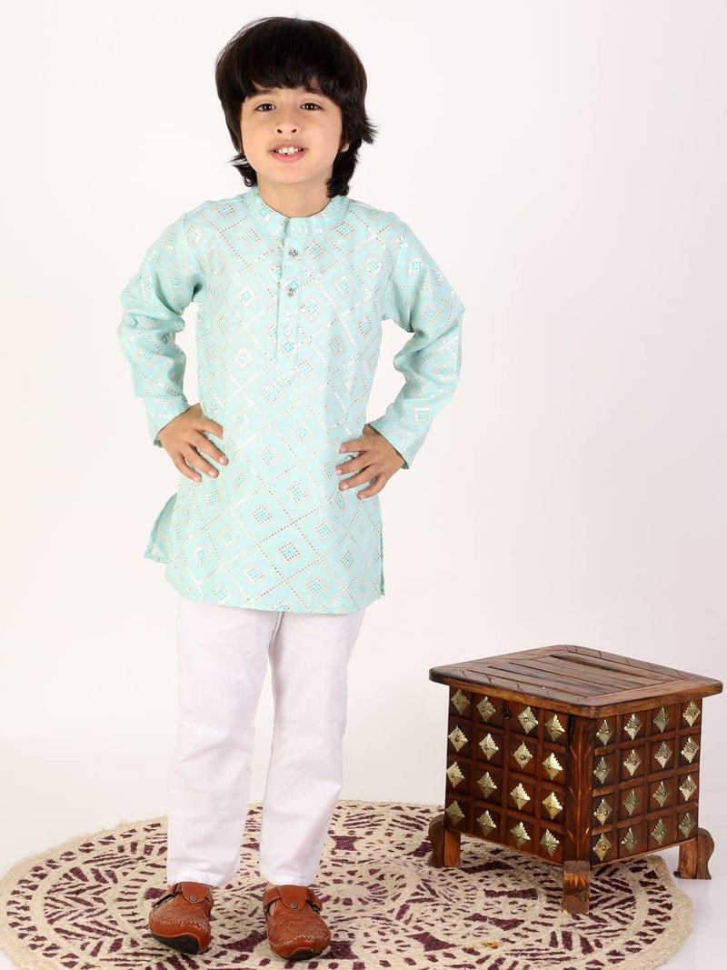 superminis Boys Silver Foil Printed Cotton Kurta Set, Round Collar, Full Sleeves With Pyjama (Sky Blue,White 3-4 Years) - Image 2