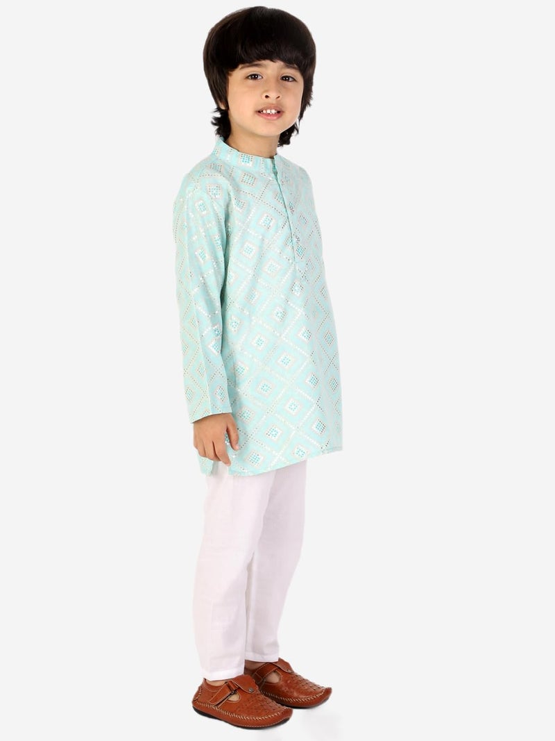 superminis Boys Silver Foil Printed Cotton Kurta Set, Round Collar, Full Sleeves With Pyjama (Sky Blue,White 3-4 Years) - Image 4