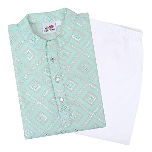 superminis Boys Silver Foil Printed Cotton Kurta Set, Round Collar, Full Sleeves With Pyjama (Sky Blue,White 3-4 Years) - Image 1
