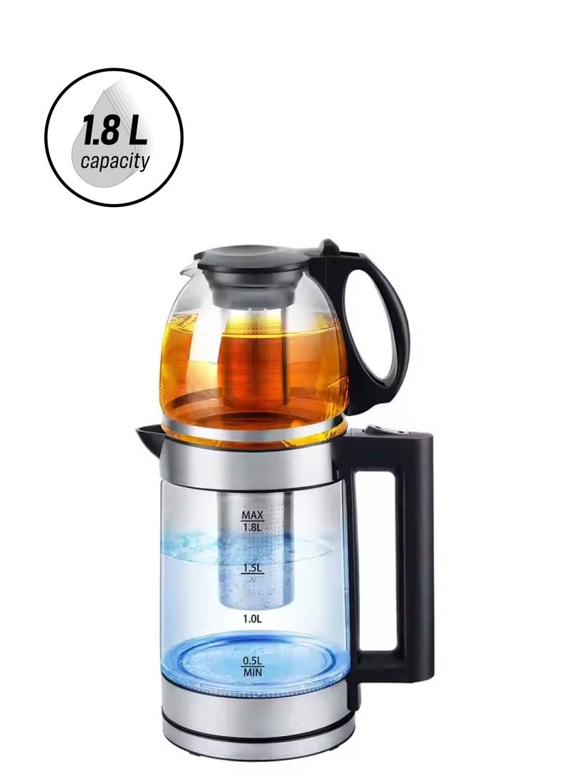 دينكس غلاية زجاجية 2 في 1 وماكينة صنع الشاي التركي، سعة 1.8 لتر + إبريق زجاجي سعة 1 لتر، 1500 واط DX2015 - Image 1