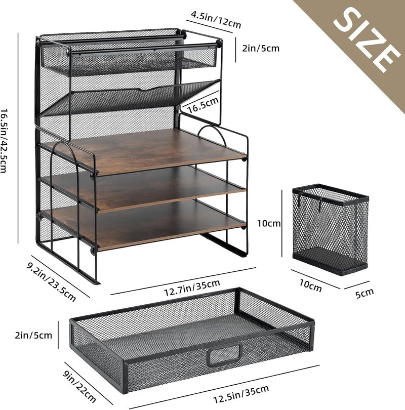 ZNMYDMT 4 Tier Desk Organizers and Accessories, Paper Letter Tray Organizer,Vintage Wood Desk File Organizer with Stationery Tray and Pen Holders for School Home Office Supplies - Image 5