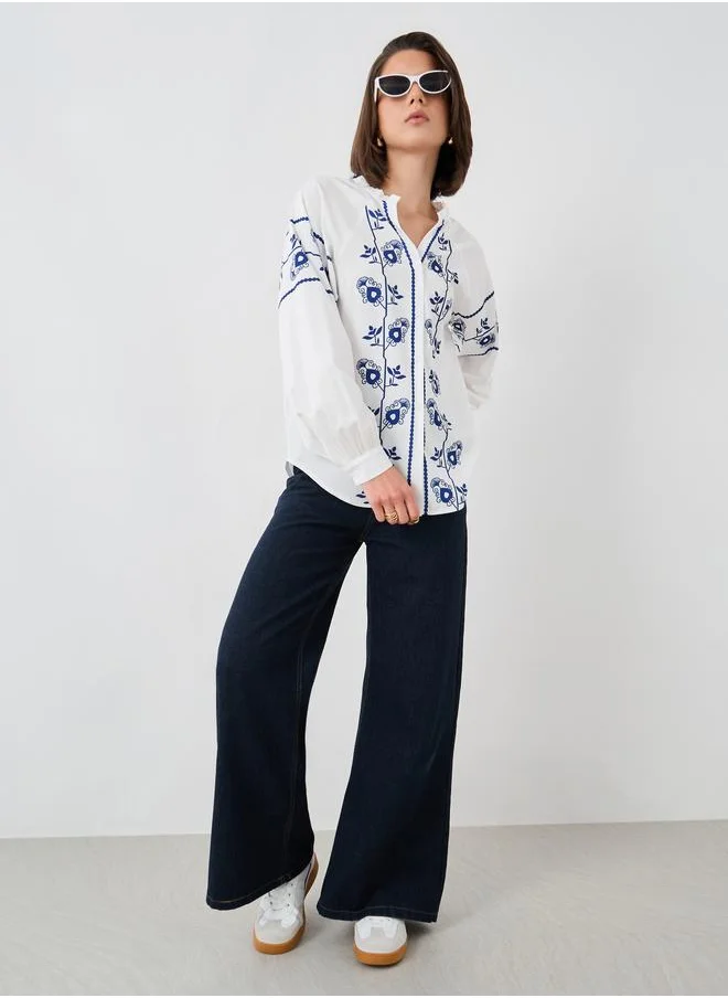 تايك تو Take Two Floral Printed Balloon Sleeves Oversized Shirt