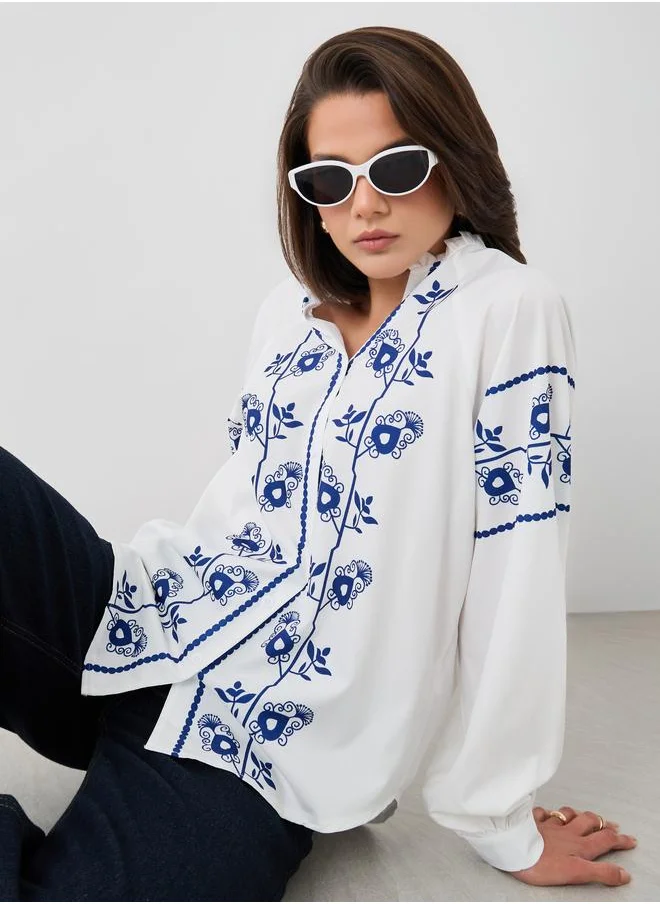 تايك تو Take Two Floral Printed Balloon Sleeves Oversized Shirt