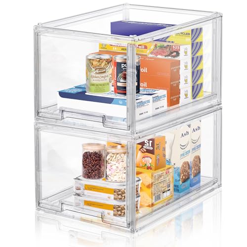 DILIBRA 2 Packs Large Stackable Storage Drawers, Plastic Clear Bathroom Make up Under Sink Drawer Organizers, Acrylic Bathroom Storage Bins for Cabinet Closet Office Kitchen Pantry Snacks Organization - Image 1