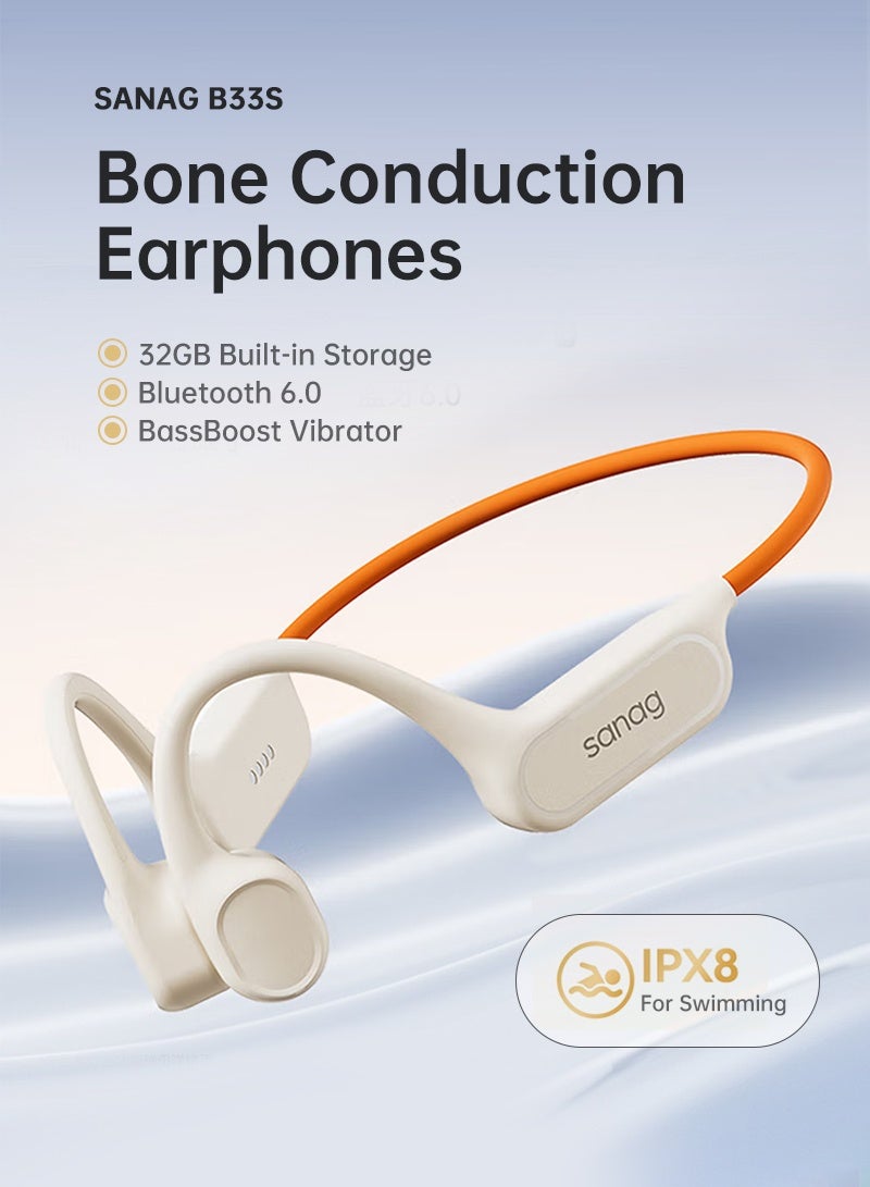 sanag Bone Conduction Headphones, HD Microphone, Ultra-Light & Secure Fit, 32G Storage, Open-Ear Sport Headphones, IPX8 Waterproof, Magnetic Charging, Bluetooth 6.0, Beige - Image 2