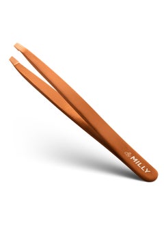 By MILLY German Steel Professional Slanted Tweezers - Hammer Forged 100% Stainless Steel - Hand-Filed and Aligned Slant Tips for Precision - Rose Gold