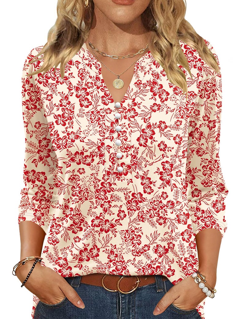 LUYAA 3 4 Sleeve Tops for Women Trendy Womens Button Down Shirt Womens Tunic Tops Summer Clothes Blouses for Wwomen Dressy Casual Apricot Red Floral M - Image 1
