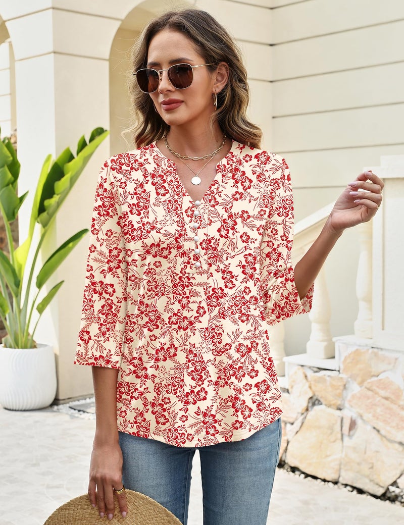 LUYAA 3 4 Sleeve Tops for Women Trendy Womens Button Down Shirt Womens Tunic Tops Summer Clothes Blouses for Wwomen Dressy Casual Apricot Red Floral M - Image 3