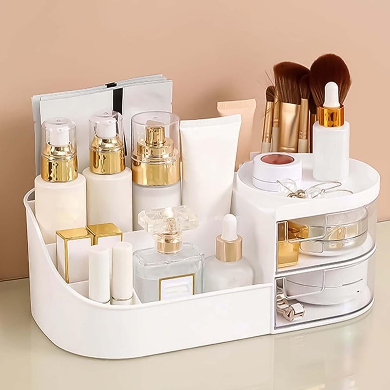 COLESHWAR Makeup Organizer | Makeup Box For Storage | Make Up, Cosmetic, Skincare Organiser For Women | Elegant Makeup Vanity With Transparent 2 Drawers, White Cosmetic Storage Box, Multi-Compartment - Image 4