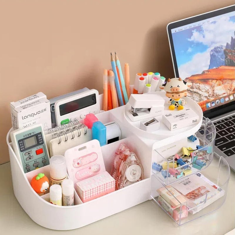 COLESHWAR Makeup Organizer | Makeup Box For Storage | Make Up, Cosmetic, Skincare Organiser For Women | Elegant Makeup Vanity With Transparent 2 Drawers, White Cosmetic Storage Box, Multi-Compartment - Image 2