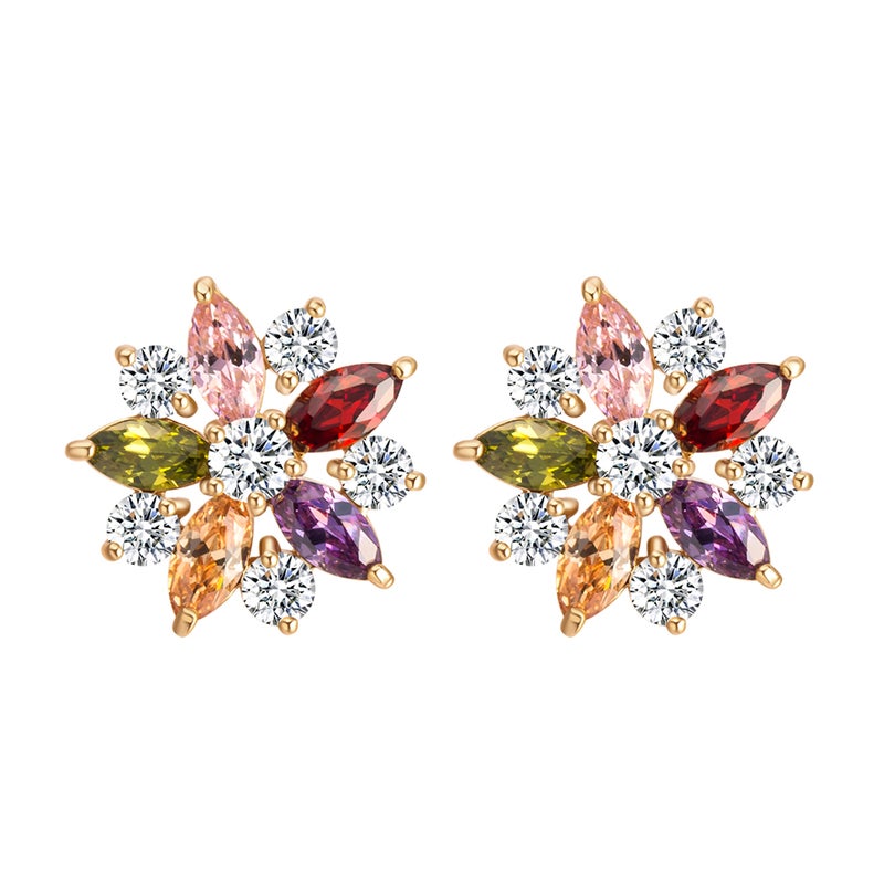 Women Stylish Flower Shaped Micro-inlaid Colorful Zircons Earrings Chic Ear Studs Earrings Jewellery Gift (Golden) - Image 1