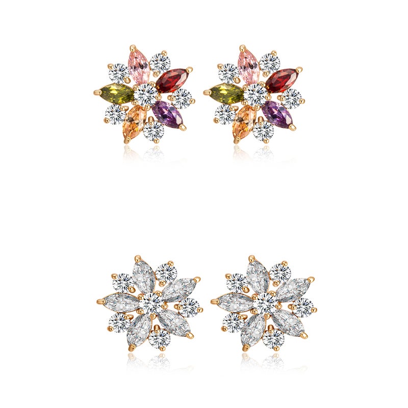 Women Stylish Flower Shaped Micro-inlaid Colorful Zircons Earrings Chic Ear Studs Earrings Jewellery Gift (Golden) - Image 3